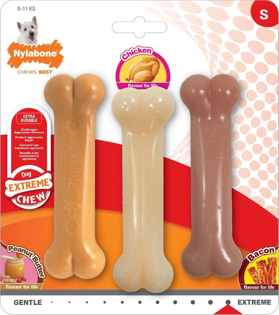 Nylabone - Extreme Triopack Kauwbotten Met Smaken Pindakaas, Kip En Bacon - Small 3 Nylabone - Extreme Triopack Kauwbotten Met Smaken Pindakaas, Kip En Bacon - Small