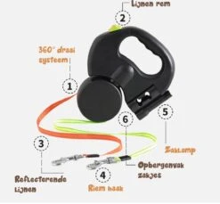 Dubbele Honden Riem – Leiband Hond – Hondenlijn – Looplijn Hond – 2 Honden – 3 Meter – Tot 12kg Per Hond – Reflecterende Lijnen – Met Zaklamp – 360° Draaien – Verstelbaar - Zwart -Merkloos Winkel 1200x1111 2