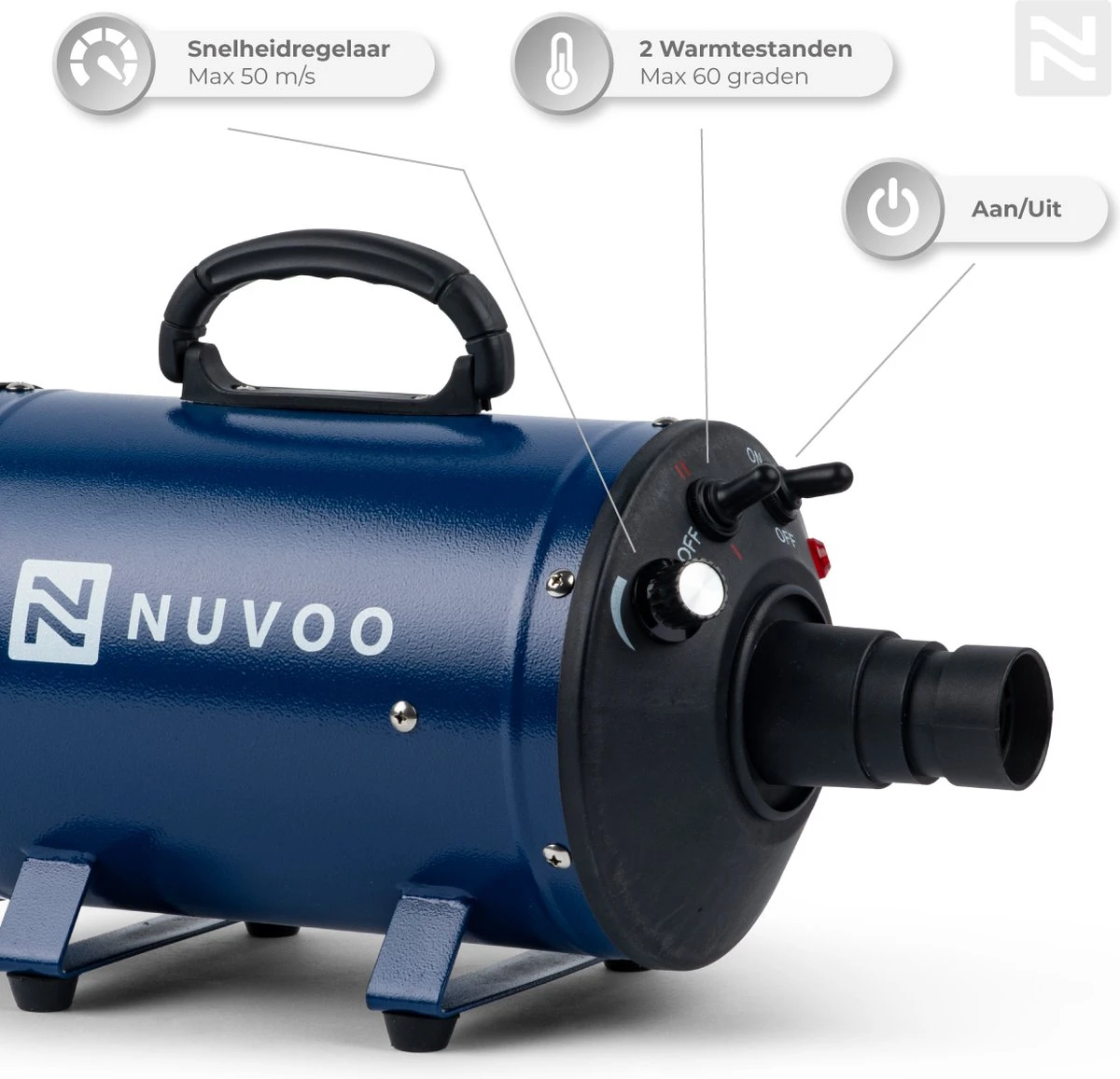 Nuvoo Professionele Hondenföhn / Waterblazer / Hondenborstel Met 3 Opzetstukken - Verstelbare Vermogen Tot 2200W - Warme / Koude Stand - Blauw 4 Nuvoo Professionele Hondenföhn / Waterblazer / Hondenborstel Met 3 Opzetstukken - Verstelbare Vermogen Tot 2200W - Warme / Koude Stand - Blauw - Afbeelding 2