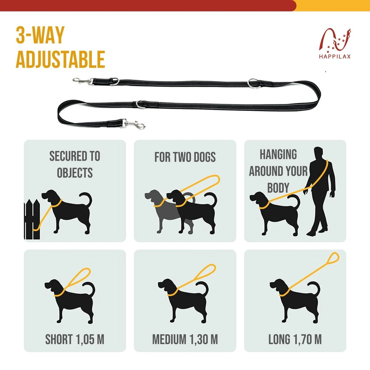 Happilax Dog Leash 2m Adjustable - Black/Reflective - 3-Step Adjustable Leash - Double Leash, Tug Leash - Geschikt Als Hondenriem Voor Grote Honden Of Als Sleepriem Voor Kleine Honden. 5 Happilax Dog Leash 2m Adjustable - Black/Reflective - 3-Step Adjustable Leash - Double Leash, Tug Leash - Geschikt Als Hondenriem Voor Grote Honden Of Als Sleepriem Voor Kleine Honden. - Afbeelding 3