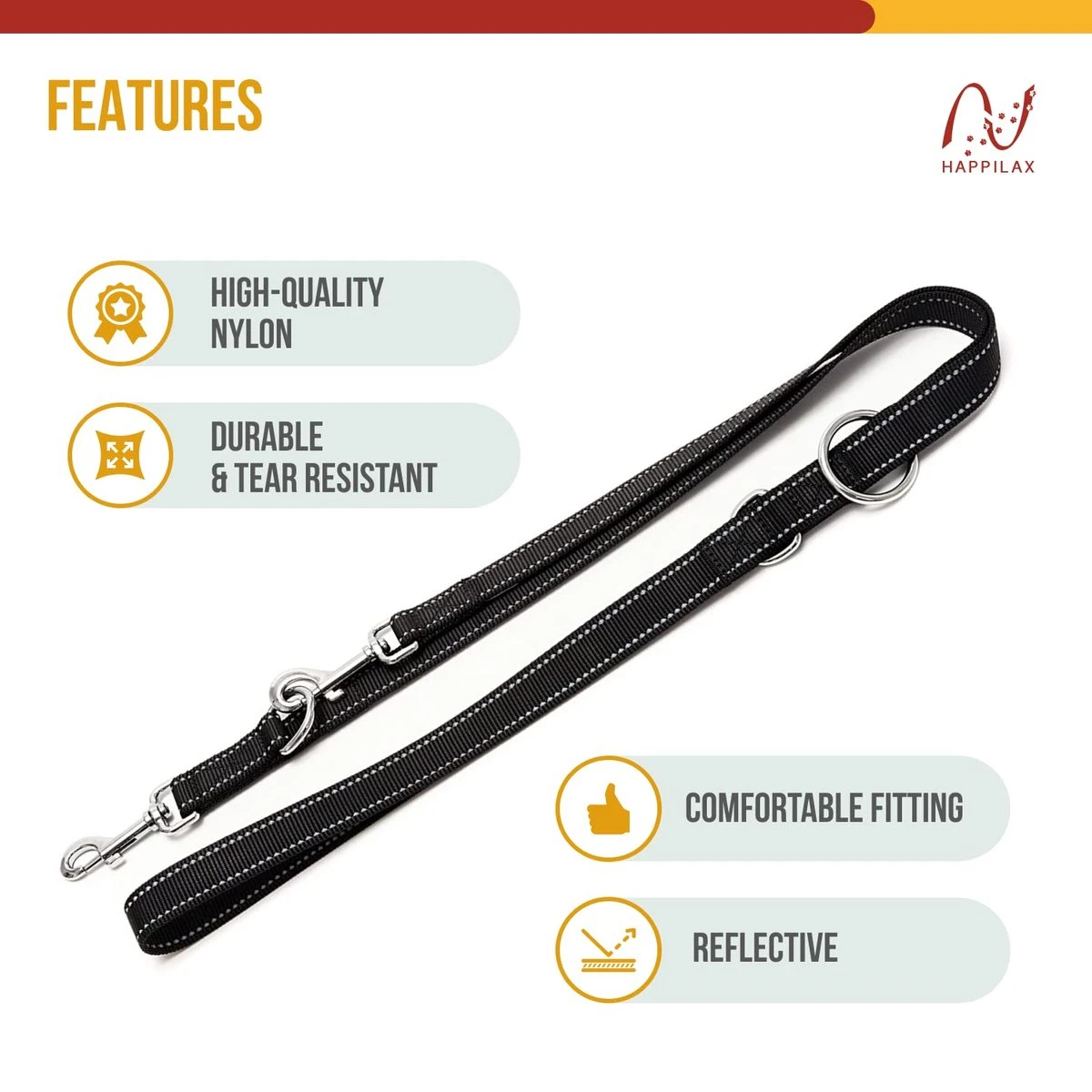 Happilax Dog Leash 2m Adjustable - Black/Reflective - 3-Step Adjustable Leash - Double Leash, Tug Leash - Geschikt Als Hondenriem Voor Grote Honden Of Als Sleepriem Voor Kleine Honden. 6 Happilax Dog Leash 2m Adjustable - Black/Reflective - 3-Step Adjustable Leash - Double Leash, Tug Leash - Geschikt Als Hondenriem Voor Grote Honden Of Als Sleepriem Voor Kleine Honden. - Afbeelding 4