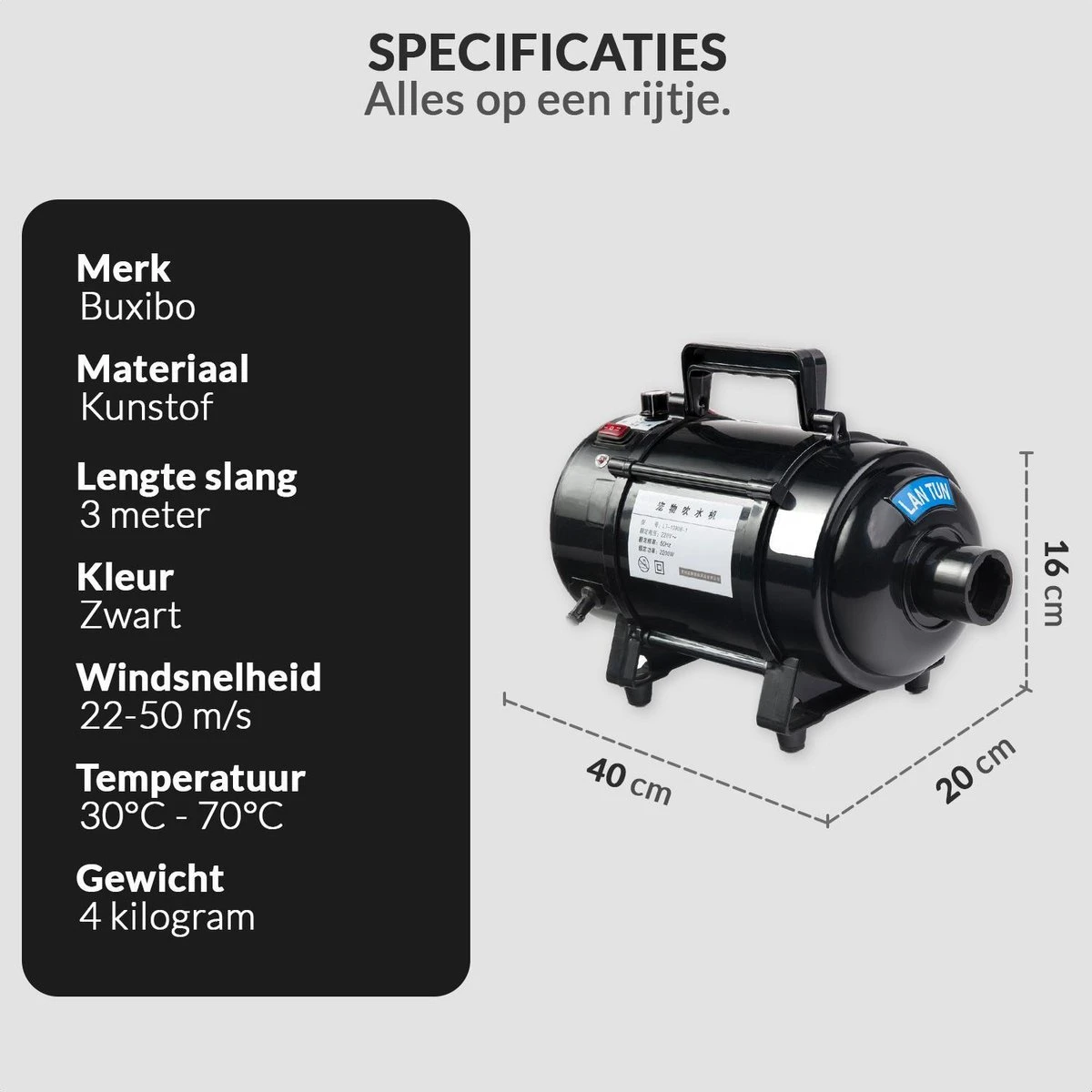 Hondenföhn/Waterblazer - Verstelbare Vermogen Standen (500W Tot 2400W) En Verstelbare Temperatuur - Zwart 8 Hondenföhn/Waterblazer - Verstelbare Vermogen Standen (500W Tot 2400W) En Verstelbare Temperatuur - Zwart - Afbeelding 6