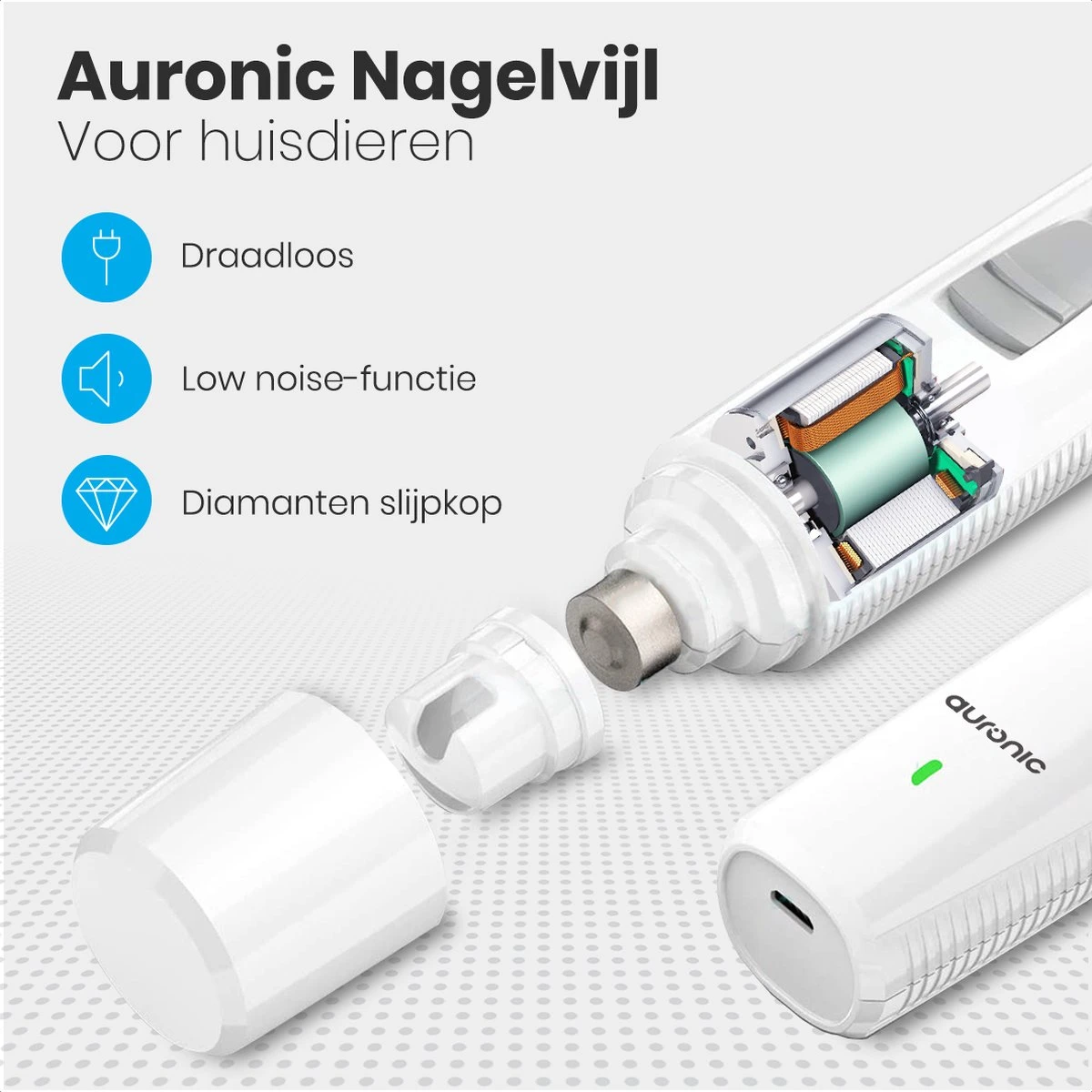 Auronic Elektrische Nagelvijl - Voor Dieren - Oplaadbaar - Draadloos - Diamant Vijlkop - Hond/Katten - Wit 4 Auronic Elektrische Nagelvijl - Voor Dieren - Oplaadbaar - Draadloos - Diamant Vijlkop - Hond/Katten - Wit - Afbeelding 2