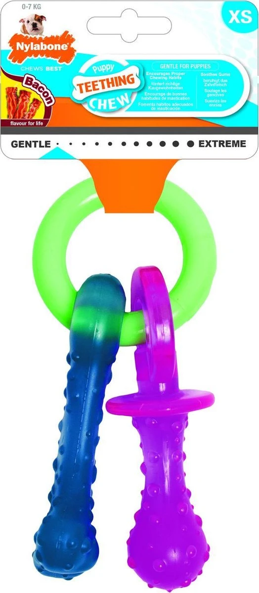 Nylabone Puppy Teething Pacifier Flexible - Hondenspeelgoed - Bacon 215x100x38 Mm 108 G Roze Blauw Groen Tot 11kg Small 3 Nylabone Puppy Teething Pacifier Flexible - Hondenspeelgoed - Bacon 215x100x38 Mm 108 G Roze Blauw Groen Tot 11kg Small