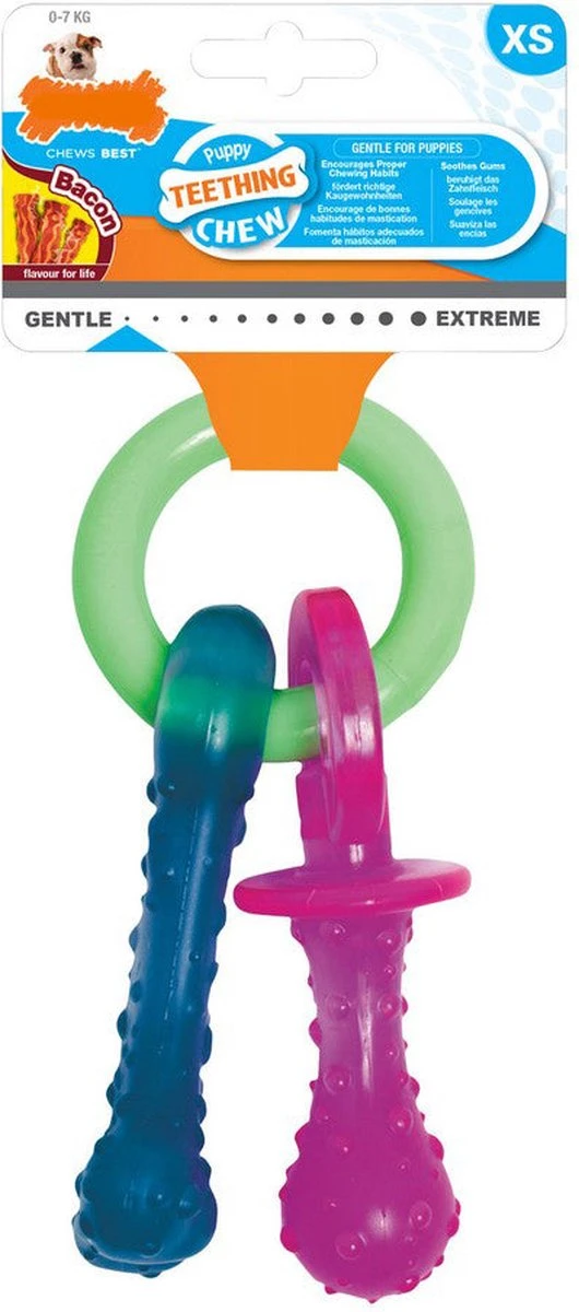 Nylabone Puppy Teething Pacifier Flexible - Hondenspeelgoed - Bacon 215x100x38 Mm 108 G Roze Blauw Groen Tot 11kg Small 13 Nylabone Puppy Teething Pacifier Flexible - Hondenspeelgoed - Bacon 215x100x38 Mm 108 G Roze Blauw Groen Tot 11kg Small - Afbeelding 11